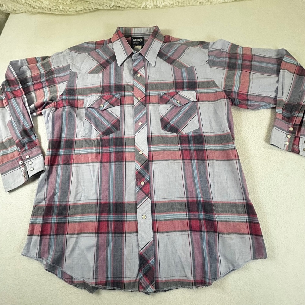 Wrangler Cowboy Cut Western Shirt Mens 17-35 Grey Pink Plaid Pearl Snap 71125AA - Picture 1 of 10